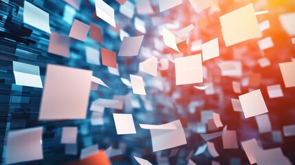 A digital abstract with floating squares and geometric shapes in a vibrant, colorful background.