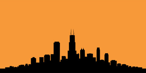 Dramatic black silhouette of a modern Chicago skyline against a vibrant orange sky