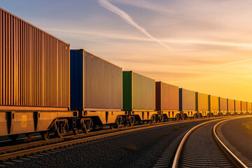 Fototapeta premium Freight Train Containers at Sunset: Transportation, Logistics, and Global Trade