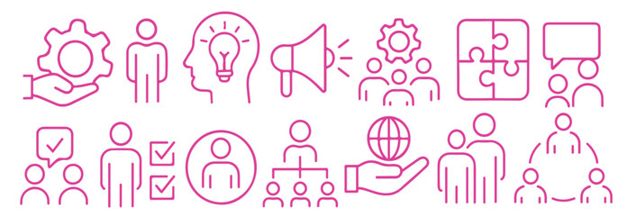 Minimalist Linear Business Icons - Teamwork, HR & Operational Workflow - Outline Vector Set