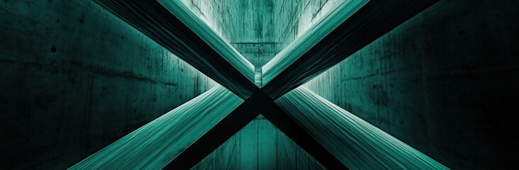 Teal concrete tunnel with intersecting beams