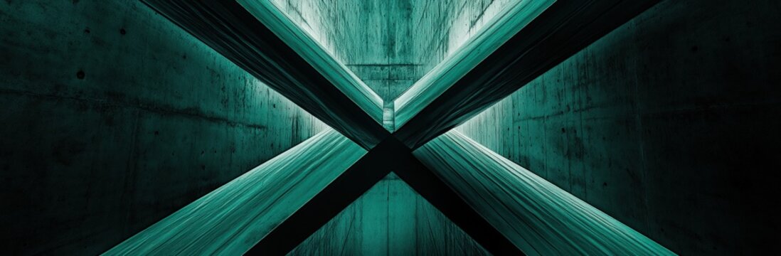 Teal concrete tunnel with intersecting beams