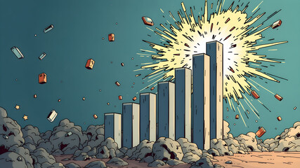 Exploding bar graph showing dramatic product launch growth, comic-style visuals