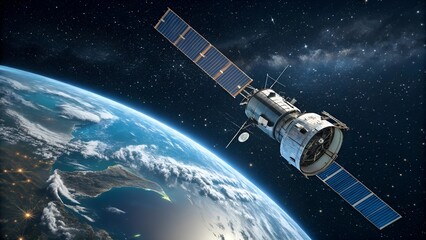 Naklejka premium Satellite orbiting earth over australia with starry space background