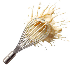 Dynamic capture of a kitchen whisk mid action splattering creamy batter in a vibrant explosion isolated on transparent background