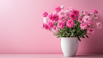 Naklejka premium A pink flower arrangement in a white vase on a pink background.