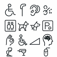 Accessibility Icon Set Inclusive Design for Diverse Needs - Vector Symbols for People with Disabilities and Support