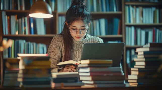 A young woman wearing glasses sits at a desk in a library, She is engrossed in reading a book while her laptop is open in front of her
