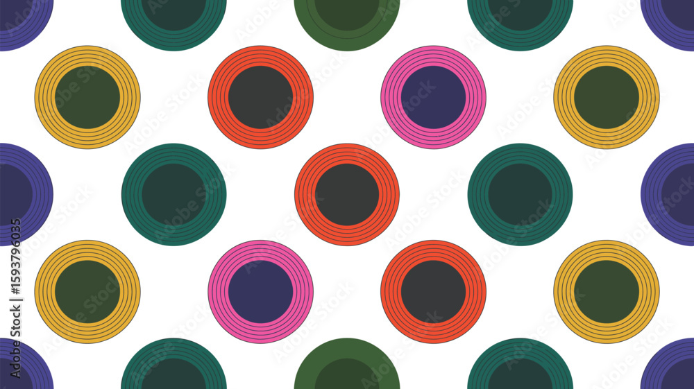 Poster pattern of colorful circles with dark centers on a light background