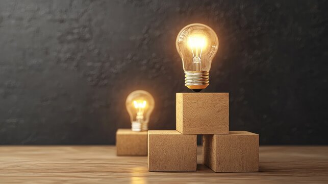 Three wooden blocks stacked on top of each other with a glowing light bulb on top. The concept of creativity and innovation is highlighted. - Powered by Adobe