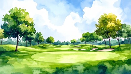 A beautifully hand-painted watercolor depiction of a golf course surrounded by lush green grass and scenic views