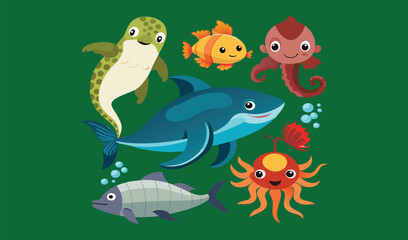Fototapeta premium Cute cartoon sea animals underwater scene