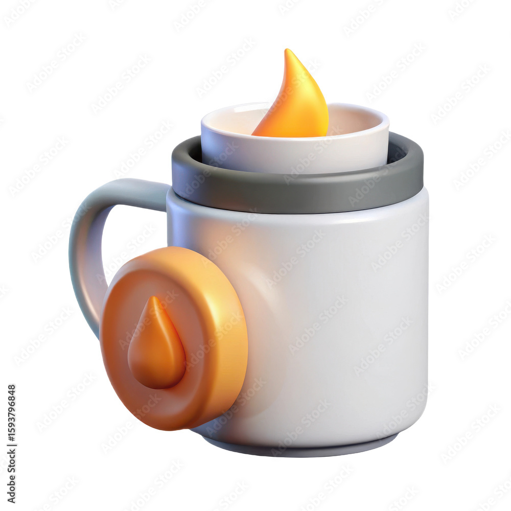 Poster isolated white mug with candle flame and lid 3d rendering illustration for mockup and design element