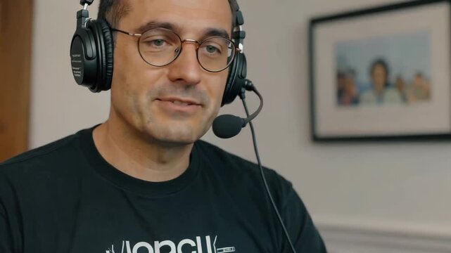 Man in headphones with microphone speaks intently, conveying communication, online learning, remote work, podcasting, customer service, or virtual meeting concepts.