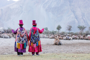 Two women in traditional attire walk toward a group of resting camels in Nubra Valley, Leh. The serene desert landscape, colorful clothing, and peaceful animals reflect Ladakh&rsquo;s unique cultural charm.