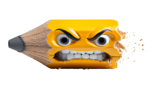 Peeved pencil with googly eyes and shavings