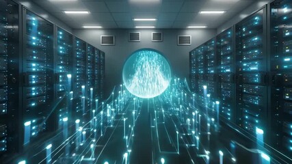 Dynamic data flow in a futuristic server room with glowing blue racks and an abstract central energy sphere, symbolizing big data, AI, and cloud computing concepts. - Powered by Adobe