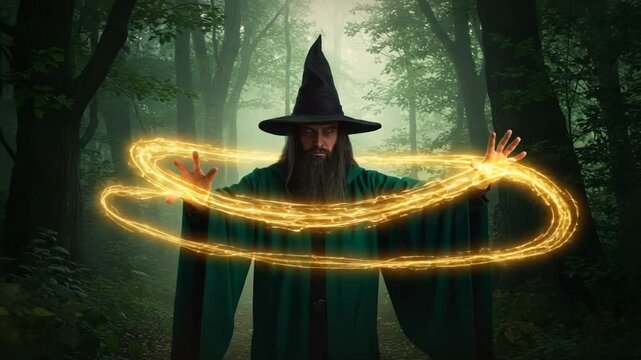 Wizard casting spell in enchanted forest with magic