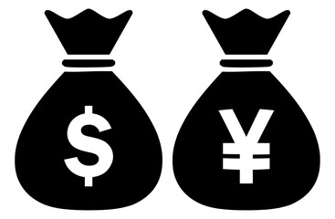 金融・経済系に使えるお金袋の線画（ドルと円）