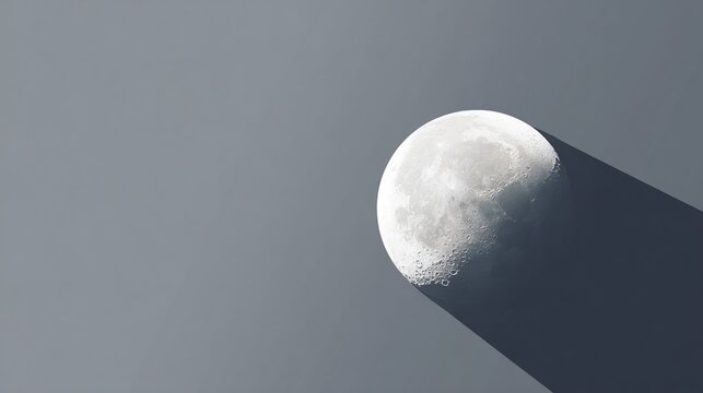 Detailed moon photo against gradient gray sky, casting a sharp, long shadow
