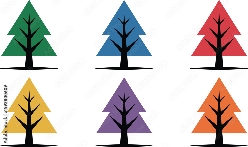 Aufkleber six colorful stylized trees arranged in two rows on a light background