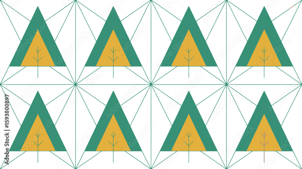 Poster repeating pattern of stylized trees within triangles on pink background