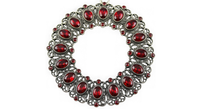 Vintage silver necklace with red ruby gems isolated on transparent background