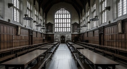 Empty, grand dining hall with long wooden tables, stately wood paneling, and Gothic windows, serving as a scholarly sanctuary.