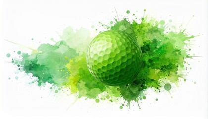 Dynamic representation of a golf ball with spirals of green paint in an abstract watercolor illustration