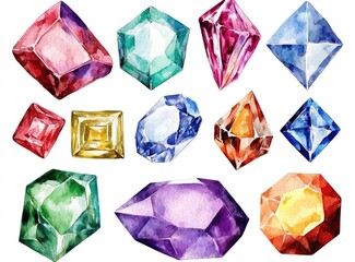 Watercolor gems in various colors and shapes