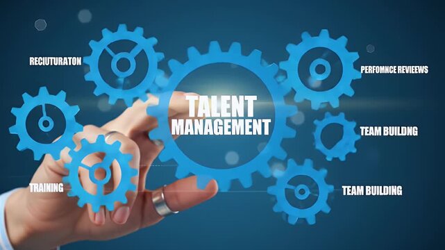 Hand Touching Talent Management Gears on Blue Background Showing Human Resources Recruitment and Corporate Strategy and Leadership