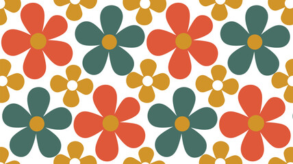 Retro floral pattern with orange teal and yellow flowers on white background