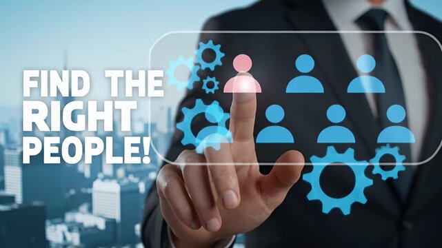 Formal Businessman in Black Suit Pointing at Virtual Screen with Text Find The Right People and Gears on Modern Blue City Background