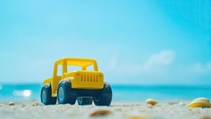 Obraz premium Yellow toy truck on sandy beach, bright sunny day