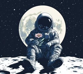 Fototapeta premium Astronaut on the moon with flower