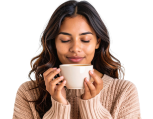 Woman Drinking Coffee with Closed Eyes, Relaxed Mood, Transparent Background
