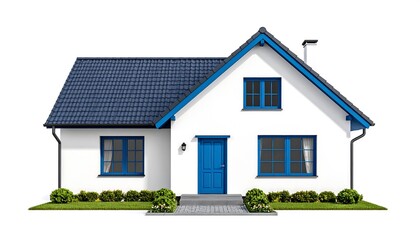 Front view of a small, white house with blue trim