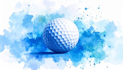 Stunning close-up of a golf ball positioned on a striking blue watercolor background with artistic elements