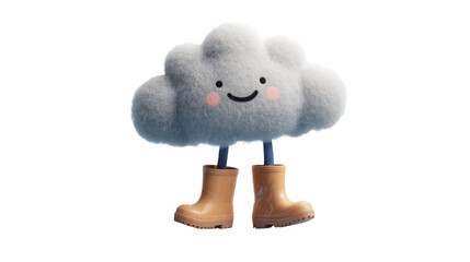 Cartoon cloud character with boots and rain