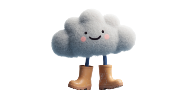 Cartoon cloud character with boots and rain