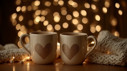 Obraz premium Two mugs with heart designs, warm lights, cozy