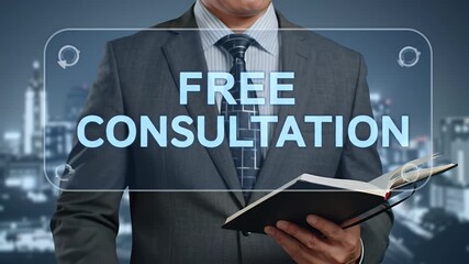 Free Consultation Concept Man in Gray Suit Pointing Transparent Screen Interface with a Cityscape Background Holding Note Book