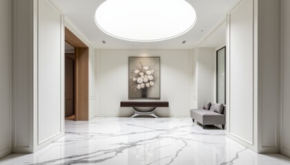 Fototapeta premium Luxurious Entrance Hallway Showcasing Polished White Marble with Striking Veins, Subtle Architectural Details, and Natural Lighting
