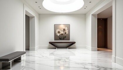 Fototapeta premium Luxurious Entrance Hallway Showcasing Polished White Marble with Striking Veins, Subtle Architectural Details, and Natural Lighting