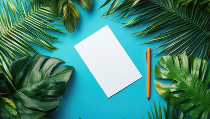 Blank paper, orange pen, surrounded by tropical leaves on vibrant blue background
