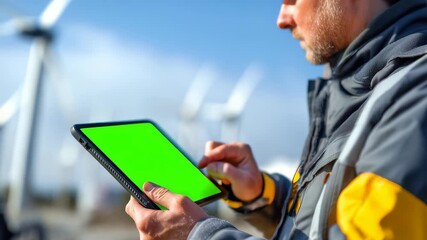 Technician conducts data analysis with tablet against wind turbines in renewable energy field - Powered by Adobe