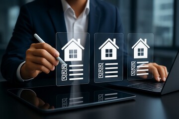 Real Estate Professional Managing Property Listings Online with Digital House Icons and Checklists on Tablet and Laptop.