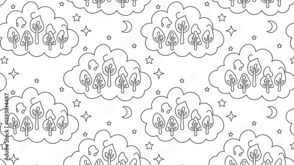 Poster seamless pattern of bushes and dots on a white background in outline