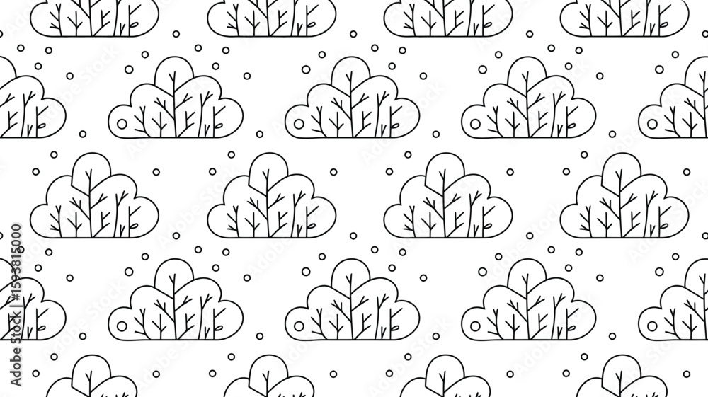 Poster seamless pattern of clouds trees and circles in black and white style