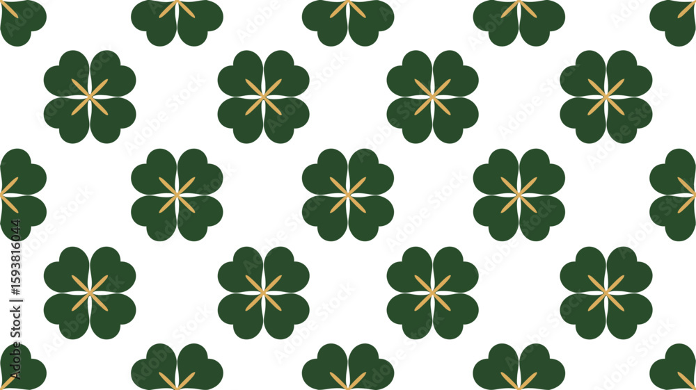 Poster repeating pattern of green shamrocks and four leaf clovers on blue background